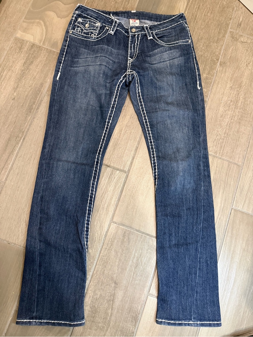 True Religion Dark Blue Straight Leg Jeans with White Stitching
